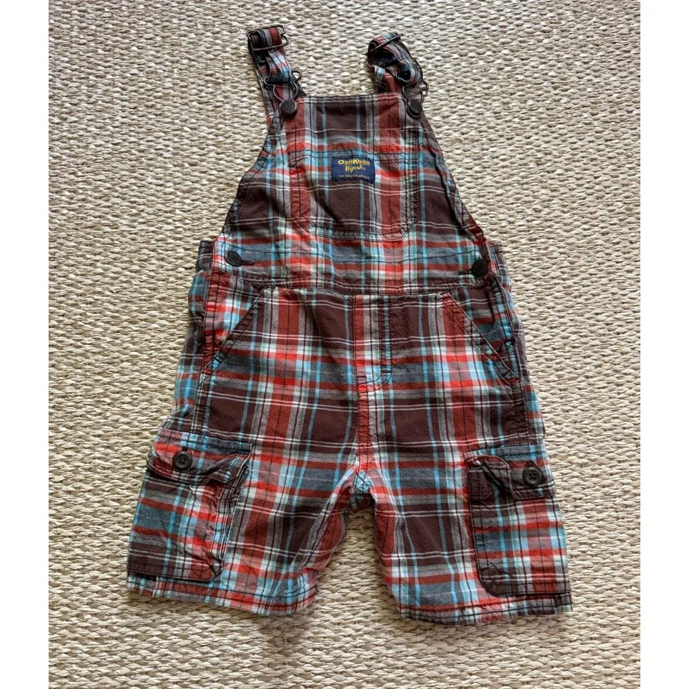 OshKosh Bgosh Plaid Cargo Shortall Overalls Brown Red Blue‎ 24 Months